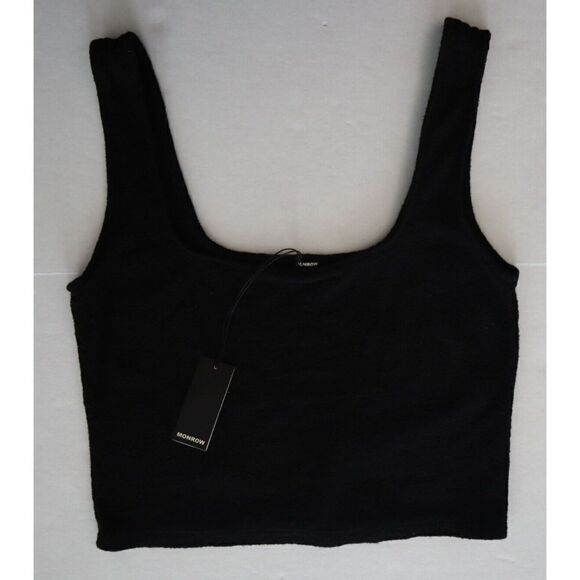Monrow Women Sz S Black French Terry Tank Top & L/S Cropped Shirt 2-Pc Set - Picture 9 of 11
